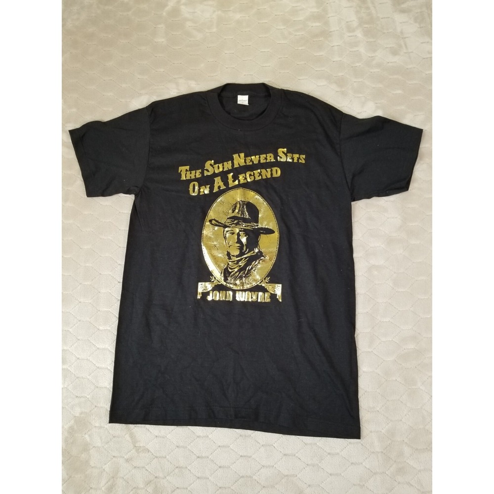 VTG John Wayne Gold Foil Shirt - Sz M - DS Single Stitch Sun Never Sets